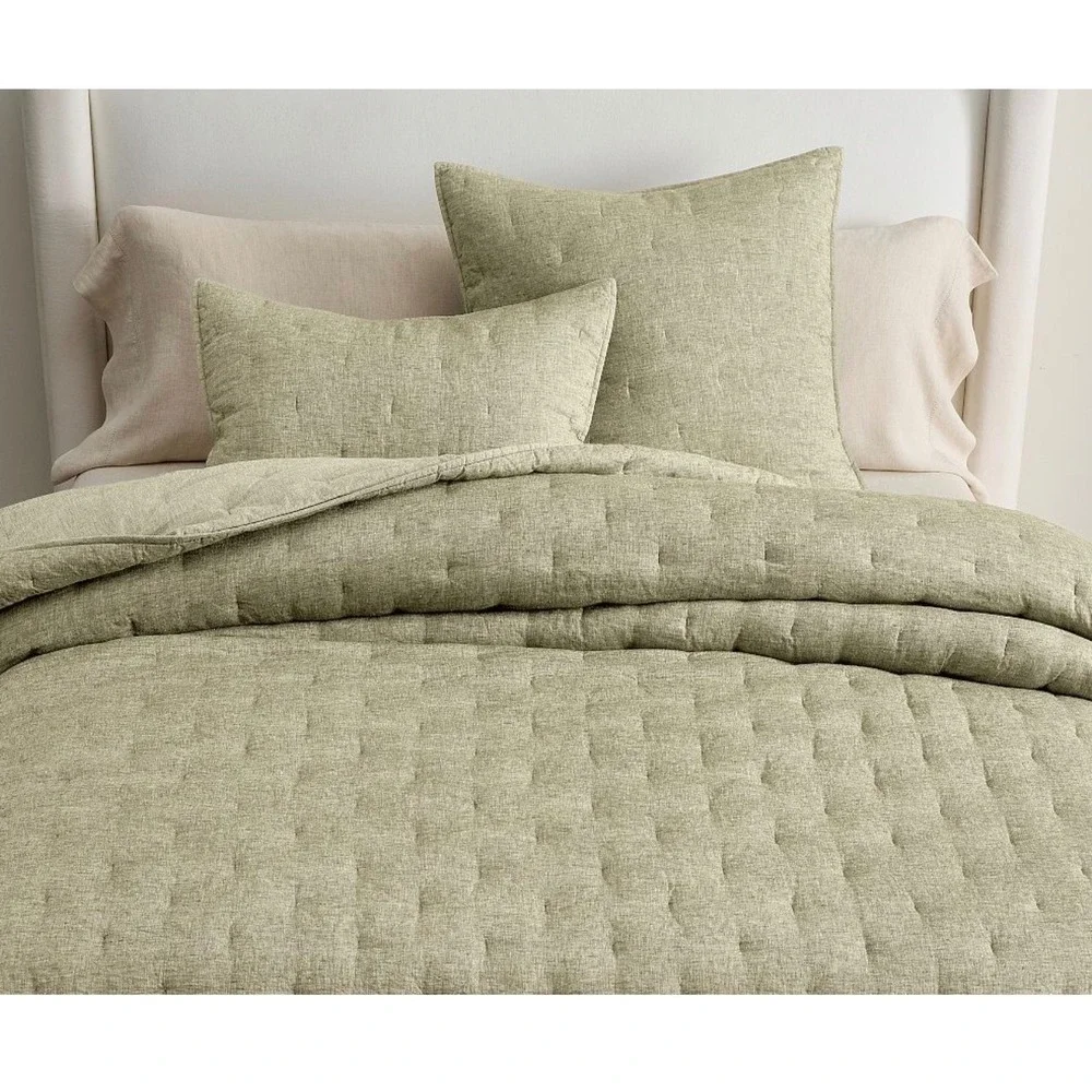 Pottery Barn Belgian Linen Tufted Quilt Shams Standard Aloe Green Set of 2